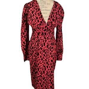 Neon Hot pink & black leopard print deep neck lantern long sleeves BODYCON